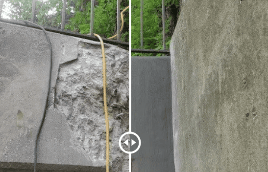 Before-and-after comparison of concrete restoration showing deteriorated, spalled concrete repaired to restore structural integrity and extend the building facade’s lifespan.