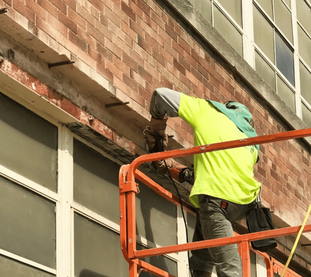 RestoreWorks crew removing a deteriorated steel lintel from a commercial brick facade. Essential flashing-related maintenance to prevent water infiltration and preserve masonry integrity.