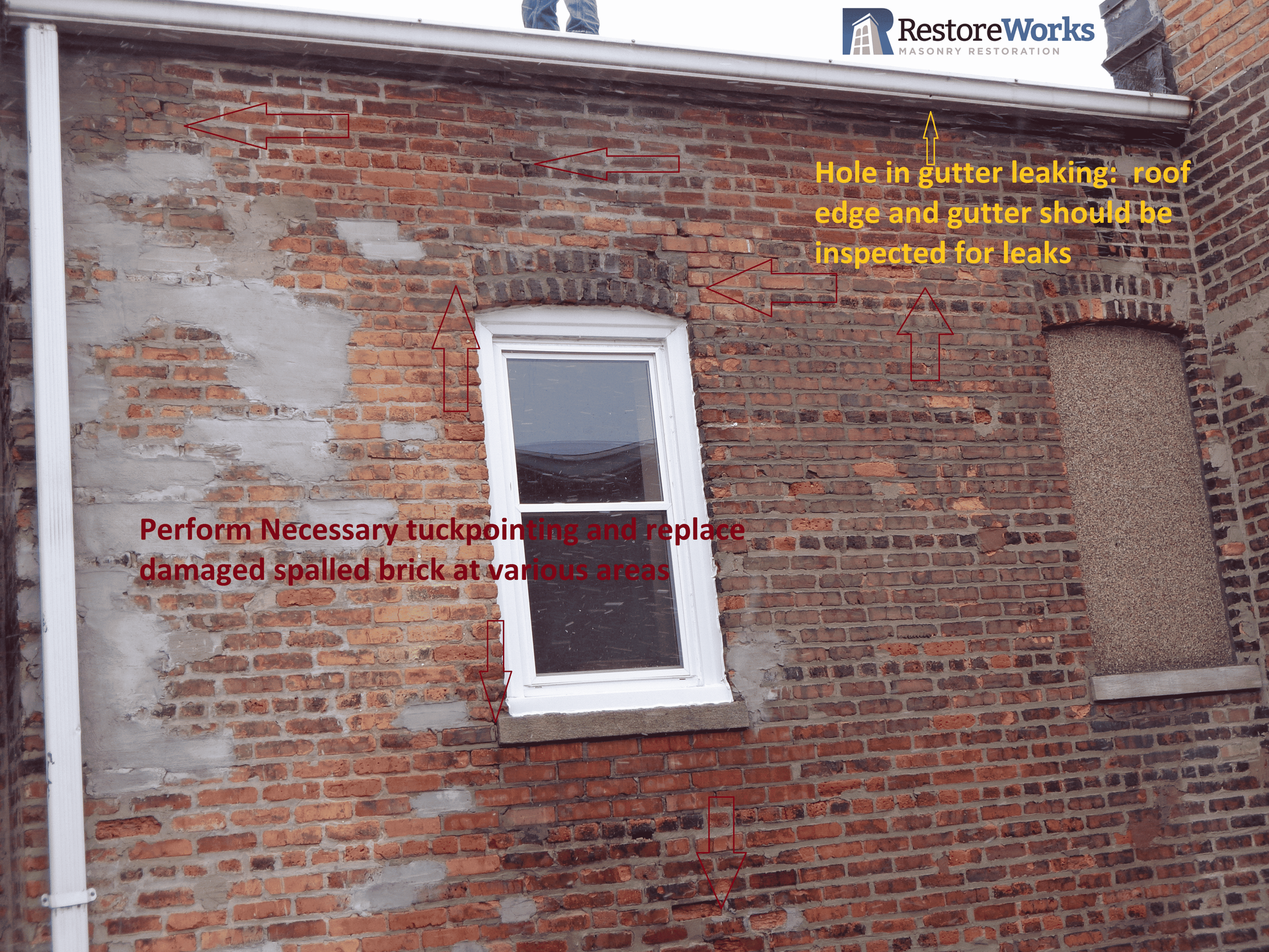 RestoreWorks masonry inspection showing gutter leak above window causing spalled brick and failing mortar joints on a commercial building facade.