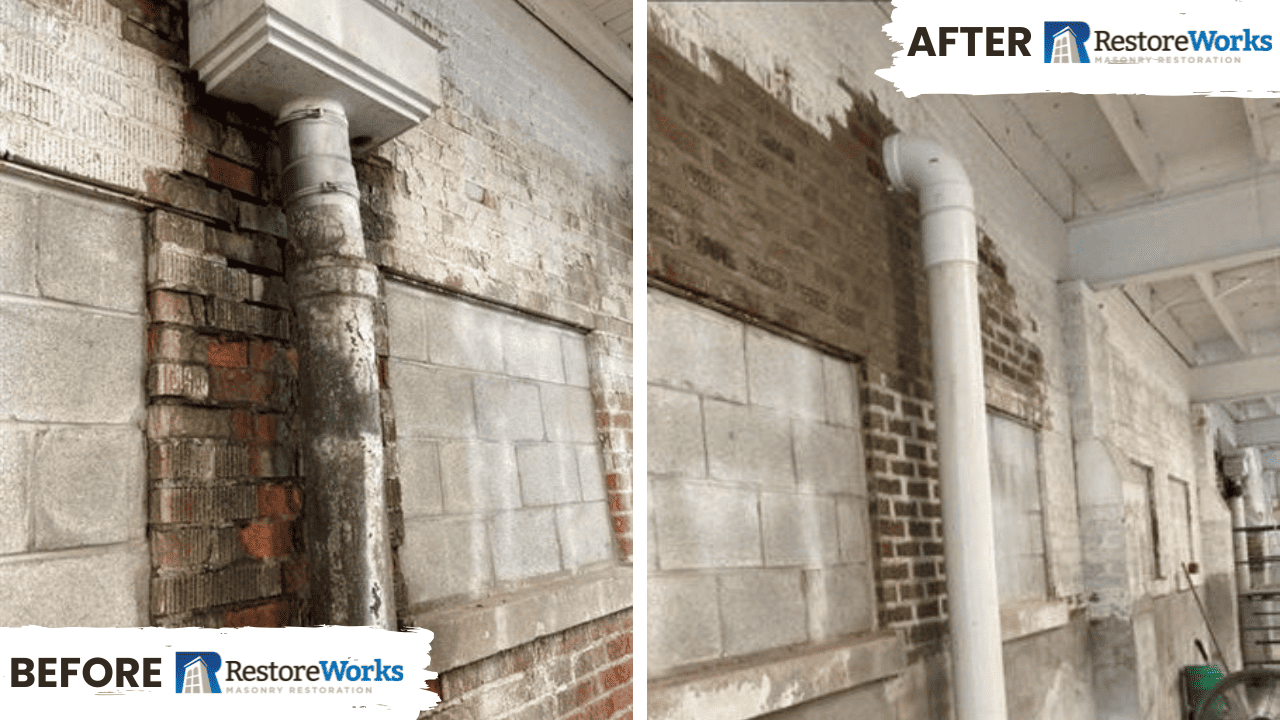 Before-and-after comparison of masonry restoration by RestoreWorks at Meeker Hall in Crown Point, Indiana—showing selective brick replacement and parging behind a pipe area to stabilize and prepare the surface for future finish work.