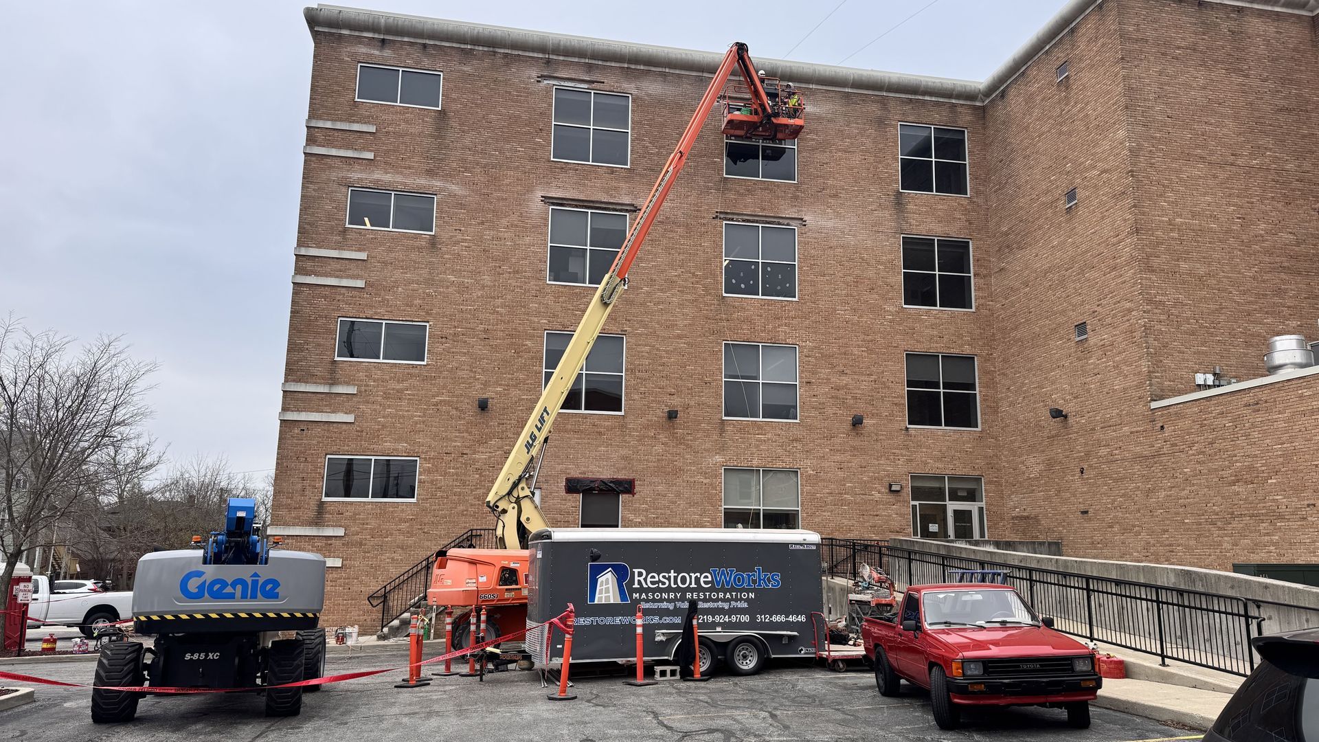 RestoreWorks crew restoring masonry and flashing at Porter County 911 Center in Valparaiso Indiana