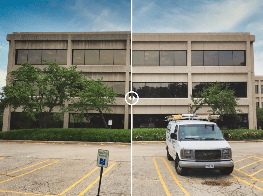Before-and-after comparison of a commercial building façade cleaned by RestoreWorks, showing the dramatic improvement from restorative masonry cleaning.