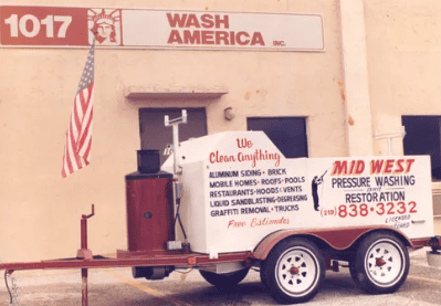 Vintage trailer-mounted pressure washing rig used in Don Zuidema’s early masonry cleaning work before founding RestoreWorks.