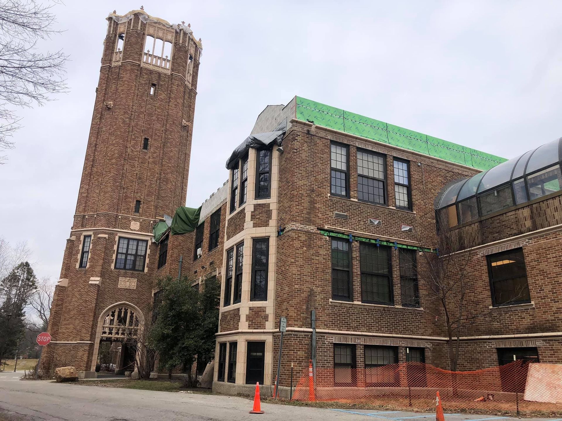 Historic bell tower restoration in progress at the Indiana School for the Blind and Visually Impaired in Indianapolis, where RestoreWorks removed, replicated, and reinstalled original terra cotta elements as part of a multi-year masonry envelope repair project.