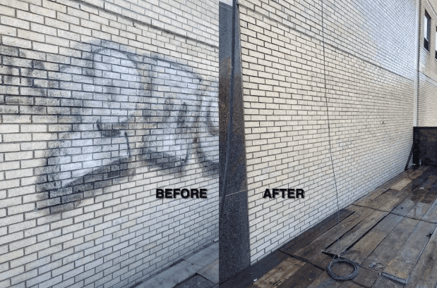 Before-and-after comparison of RestoreWorks’ graffiti removal project on a white brick wall in Chicago, showing successful restoration of masonry surface without damage.