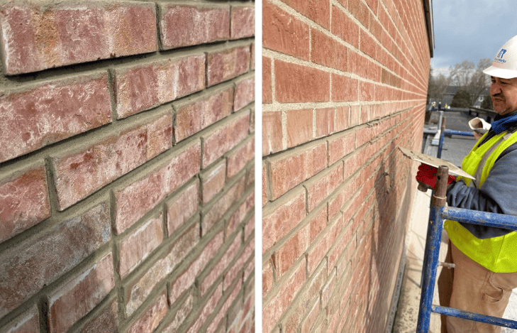 RestoreWorks mason tuckpointing deteriorated brick joints as part of long-term masonry repair after emergency stabilization.