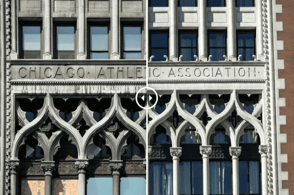 Chicago Athletic Association building facade with ornate white stone arches and windows