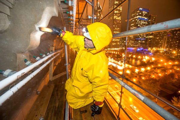 Worker in yellow rain gear painting a wall on a high scaffold at night.