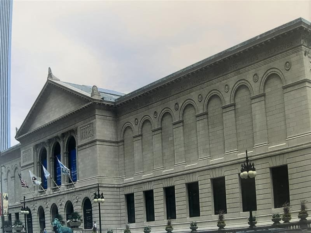 Exterior view of the Art Institute of Chicago’s limestone and terra cotta façade prior to restorative chemical cleaning conducted by RestoreWorks.