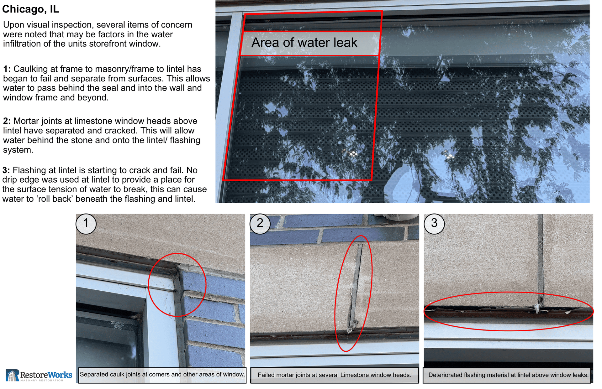 Façade inspection mark-up showing coordinated masonry, sealant, and lintel flashing failures contributing to water intrusion at a storefront window.