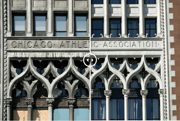 Before-and-after comparison showing hand-cleaning of the Chicago Athletic Association’s terra cotta facade, restoring its original contrast and intricate architectural detailing.