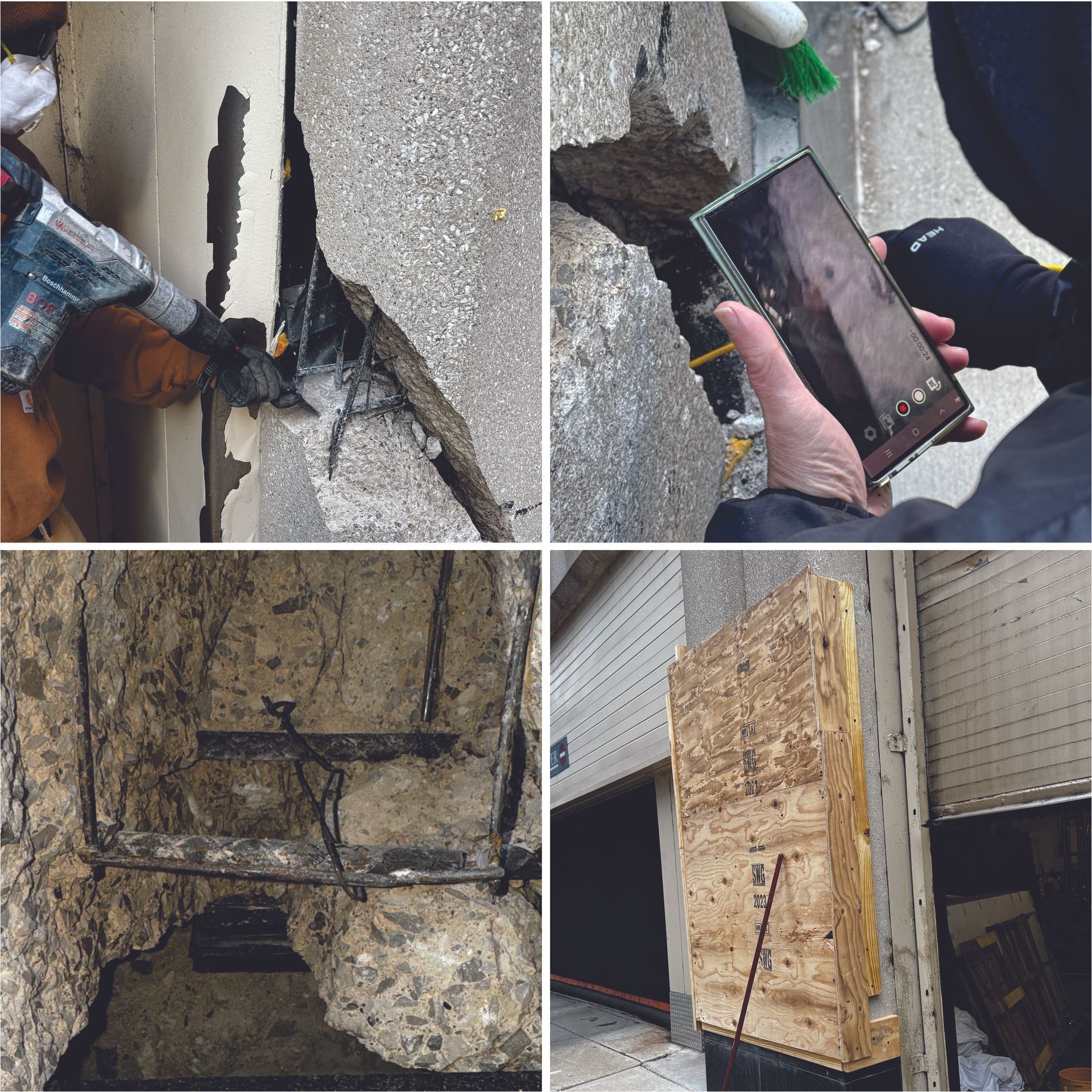 Early-stage stabilization of a damaged concrete façade with exposed reinforcement and temporary protection before permanent repairs.
