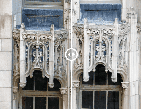 Before-and-after comparison showing gentle water soaking used to clean the Tribune Tower’s limestone facade, revealing restored detail in the historic ornamentation.