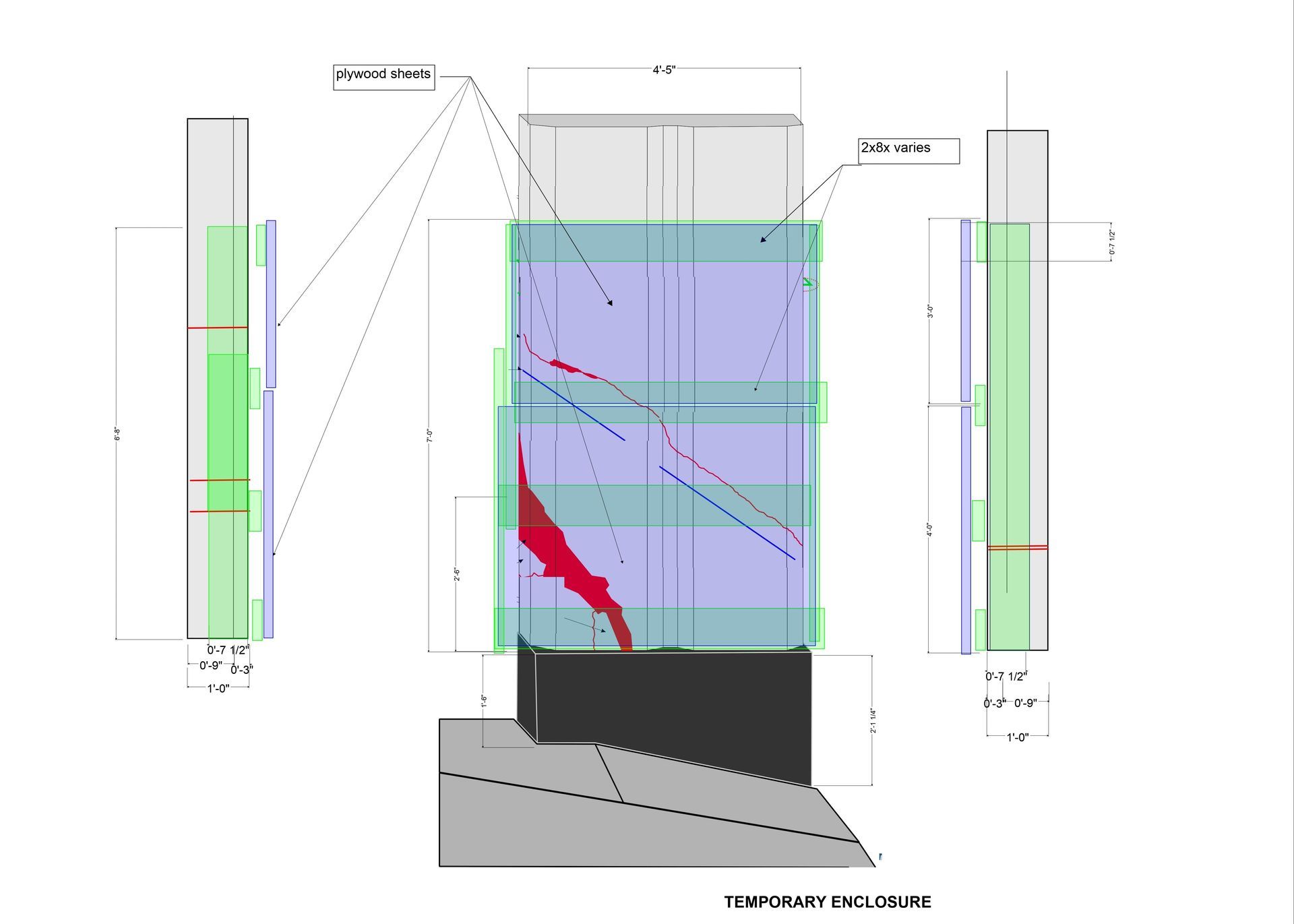 Engineering drawing of a temporary enclosure around damaged precast masonry at the Sheraton, showing plywood sheets, framing, and crack locations.