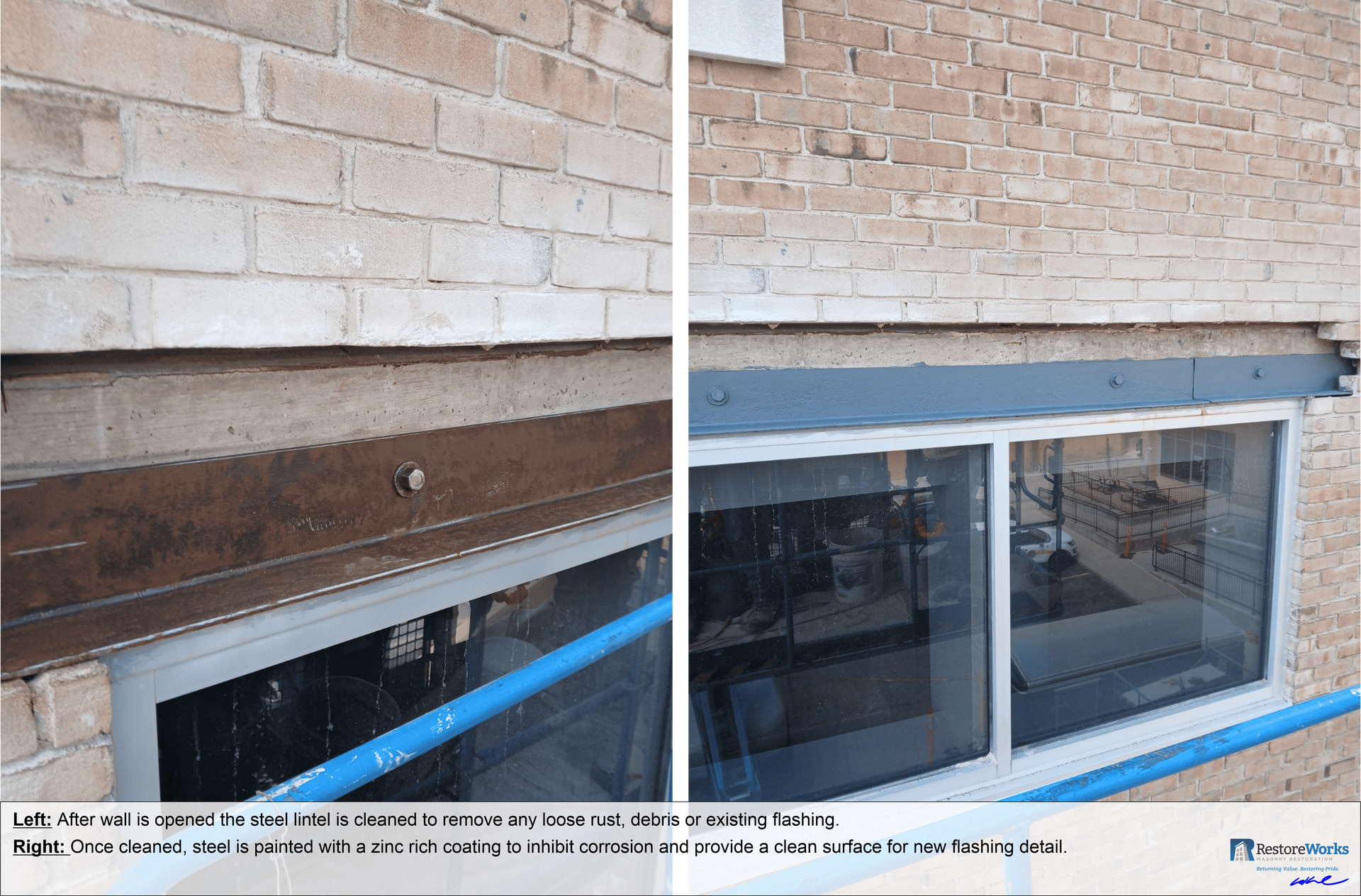 Side-by-side view of steel lintel restoration on a brick façade. Left image shows exposed steel lintel with surface rust and debris after masonry removal. Right image shows lintel cleaned and coated with zinc-rich primer to prevent corrosion and prepare for new flashing installation.
