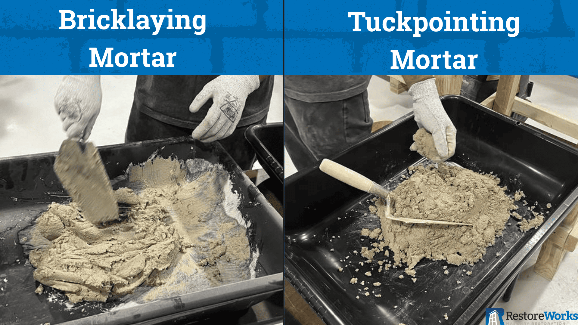 Side-by-side comparison of bricklaying mortar and tuckpointing mortar in trays, showing the difference in texture and workability used for laying new brick versus repointing existing mortar joints.