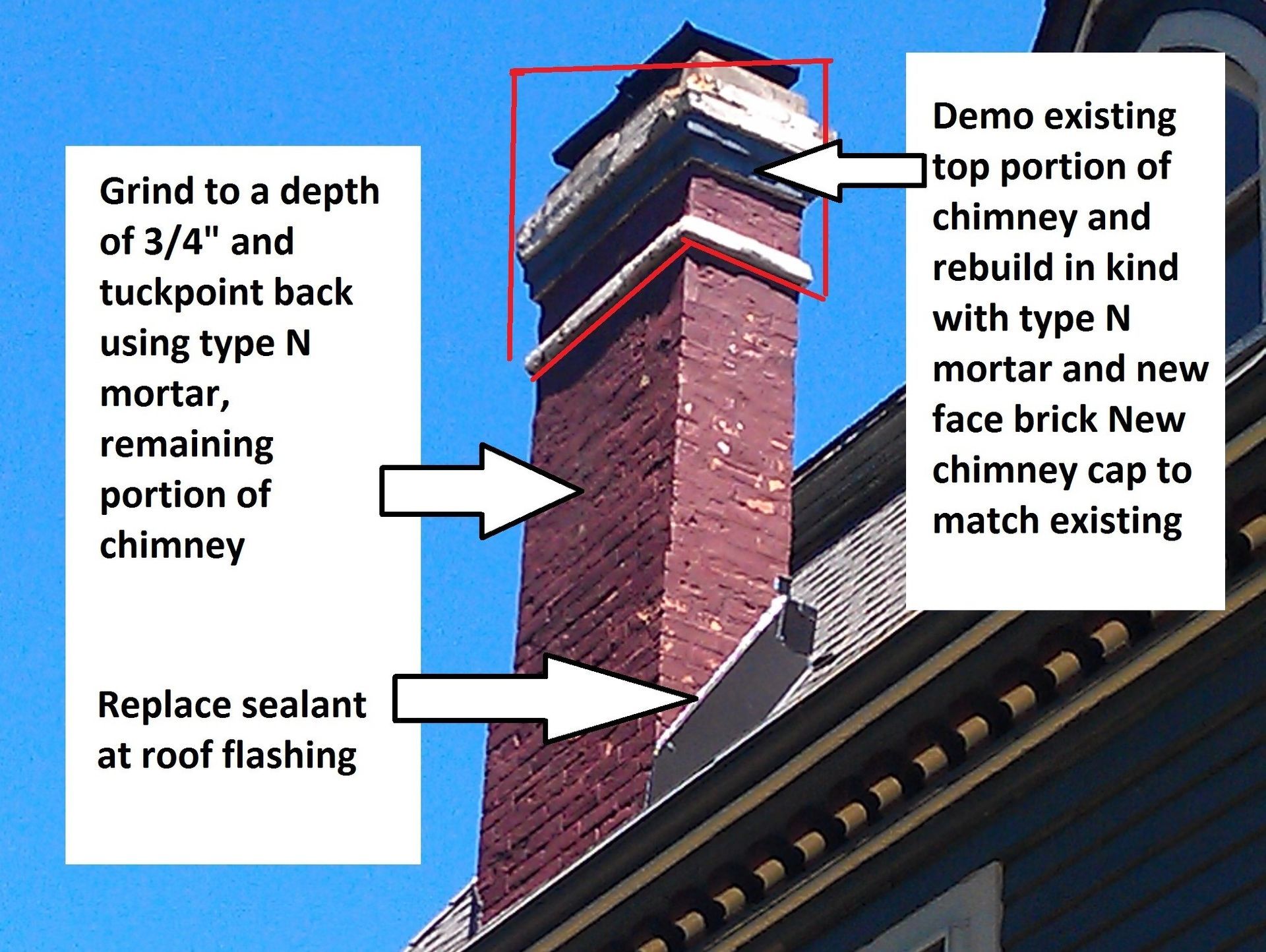 A marked-up photo of a red brick chimney on a residential building, created during a RestoreWorks inspection. The annotations highlight recommended repairs, including grinding and tuckpointing with type N mortar, replacing sealant at roof flashing, demolishing and rebuilding the top portion of the chimney, and installing a new chimney cap to match the existing design.