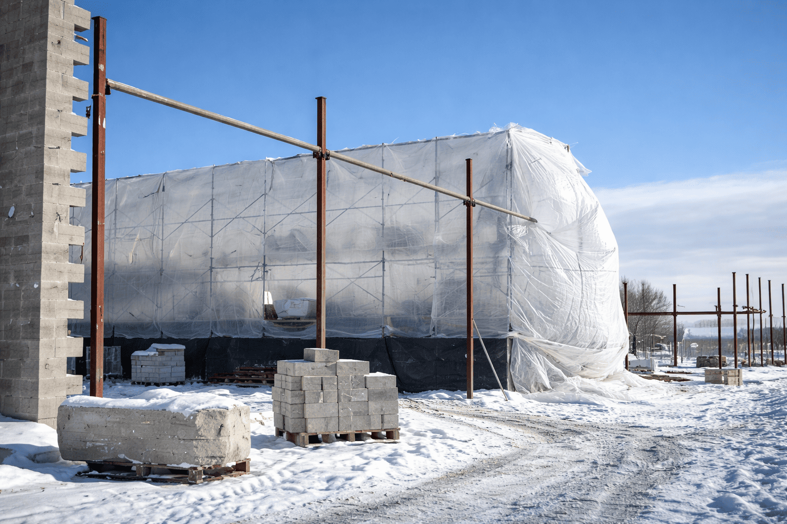 Construction site covered in white tarp, surrounded by snow, with gray cinder block wall on the left.