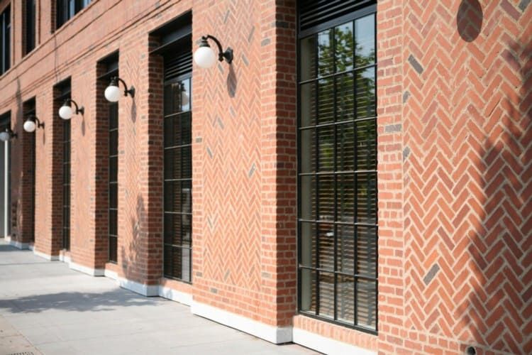 Commercial brick façade with window openings and masonry joints highlighting common sealant locations where water intrusion typically occurs, including window perimeters and joint interfaces.