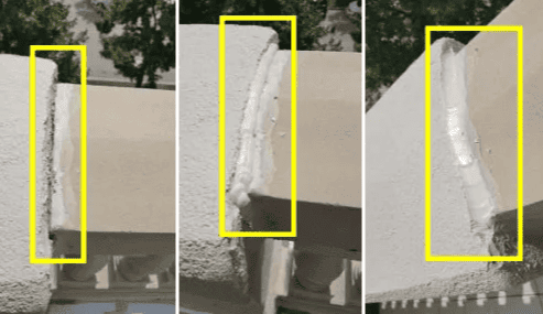 Three side-by-side views of a white vertical fountain spray outlined in yellow boxes.