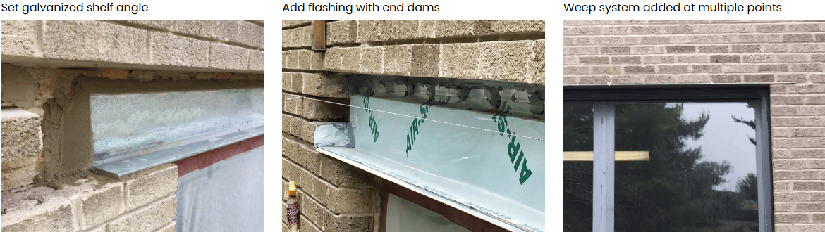 Step-by-step images showing correct lintel detailing, including galvanized shelf angle, flashing with end dams, and weep holes to improve drainage and prevent winter freeze–thaw damage.