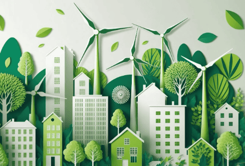 Illustration of sustainable buildings representing improved energy efficiency.