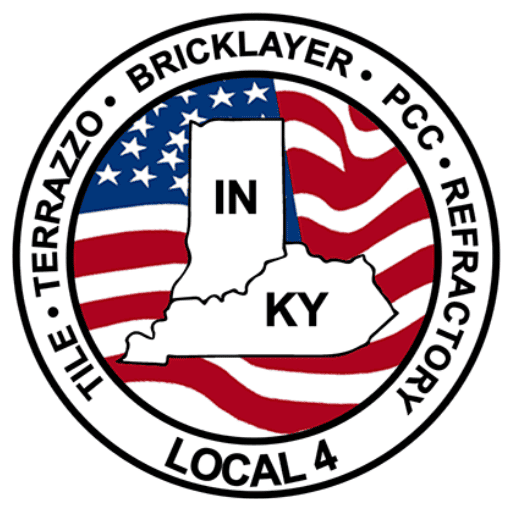 Official trade seal of Bricklayers Local 4 Union representing Indiana and Kentucky, featuring U.S. flag background and specialties including tile, terrazzo, bricklaying, PCC, and refractory work.