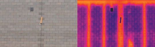 Side-by-side comparison of visible and infrared thermal imaging showing hidden moisture and insulation gaps in a masonry wall.