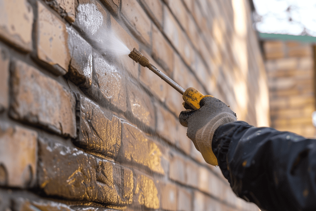Gloved hand painting a brick wall with yellow paint