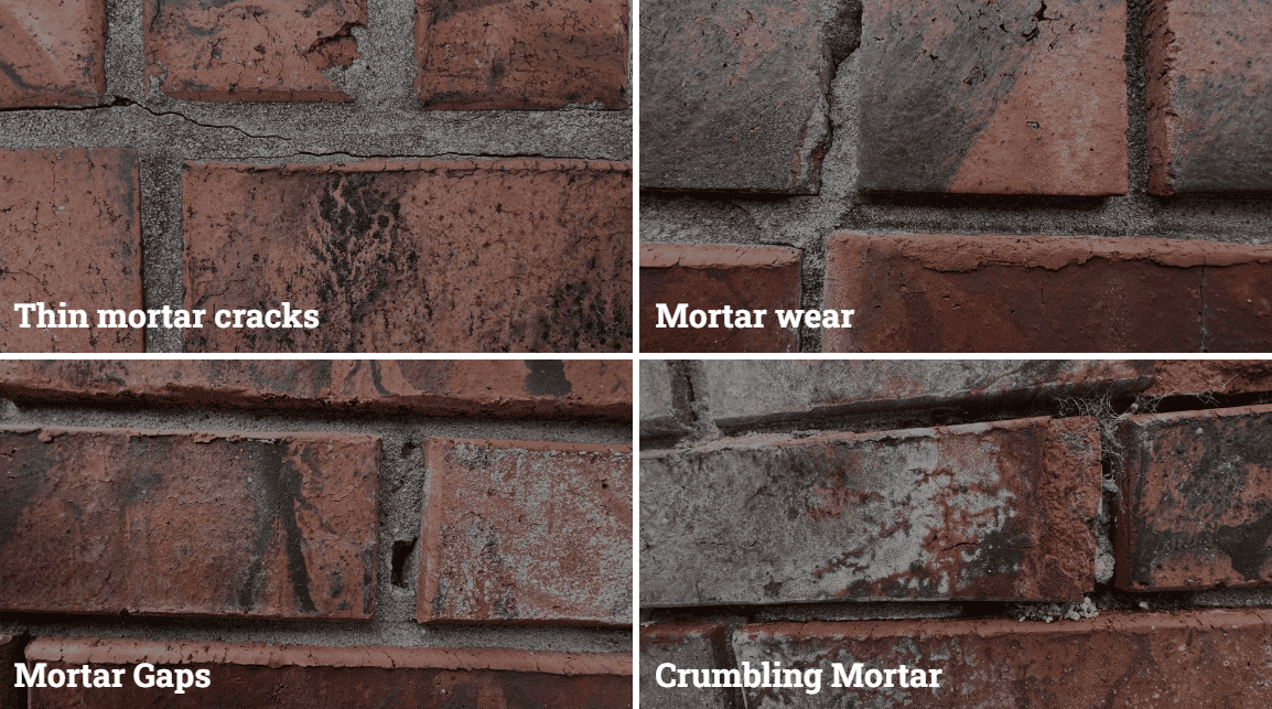 Close-up images of brick masonry showing thin mortar cracks, gaps, wear, and crumbling joints, illustrating how restorative cleaning reveals hidden conditions and natural variation in historic façades.