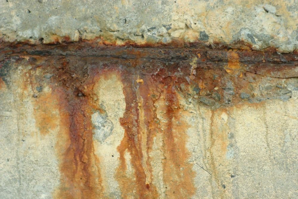 Close-up of a cracked concrete surface showing a rusted metal reinforcement bar with orange rust stains running down it.
