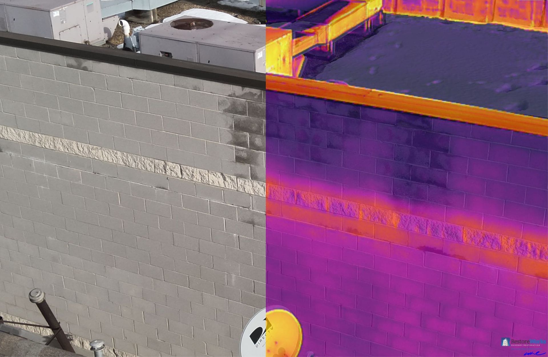 Split-screen view of a brick wall: the left side shows standard daylight, while the right displays a thermal heat map.
