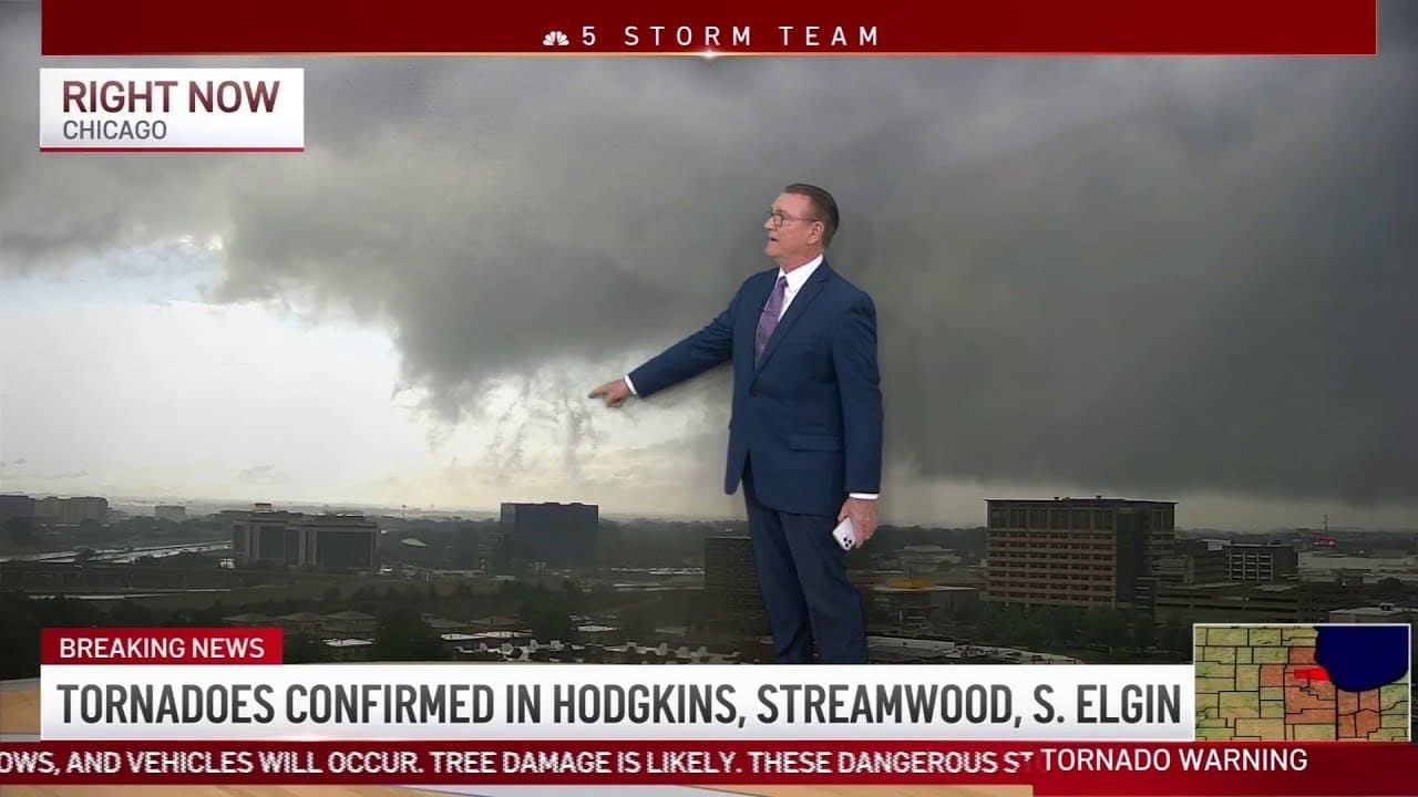 NBC 5 Storm Team weather report showing tornado formation over O’Hare Airport in Chicago during July 2024, with confirmed tornado warnings for Hodgkins, Streamwood, and South Elgin