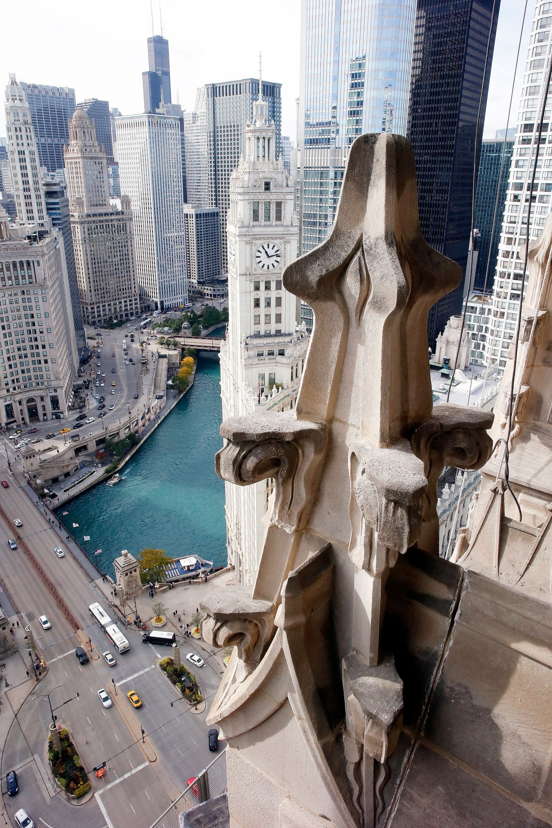 An aerial view of a city with a river and buildings from Tribune Tower