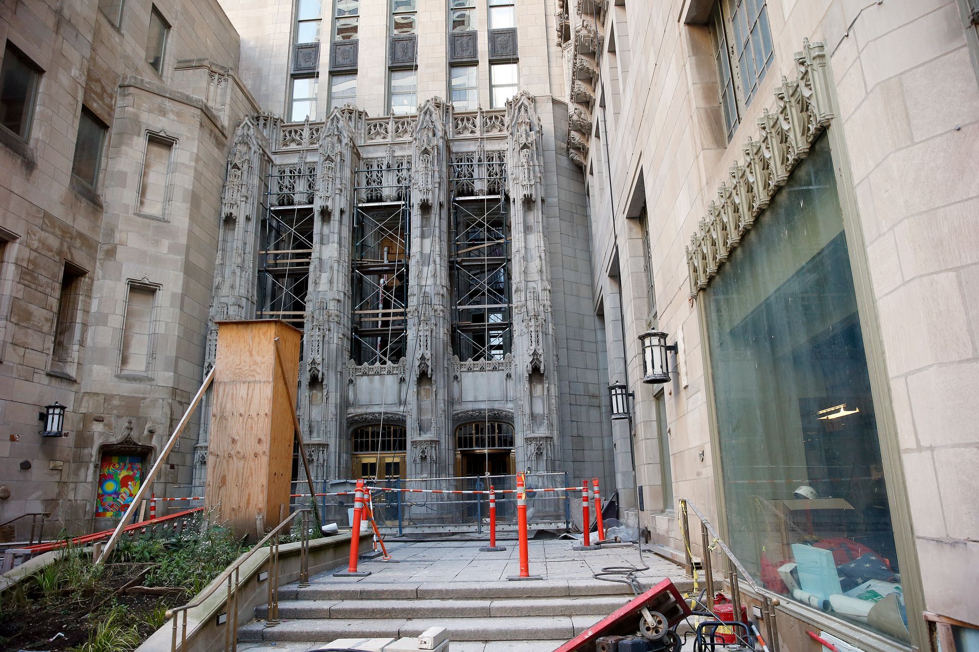 Tribune Tower during restorative cleaning