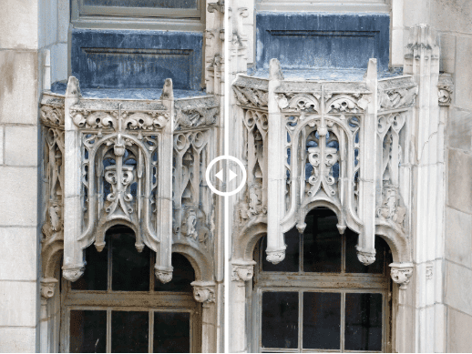 Before and after comparison of limestone balcony ornamentation at Tribune Tower Residences, showing how restorative cleaning reveals architectural detail, natural patina, and repair needs.