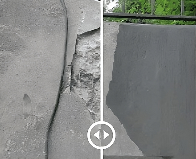 Before-and-after comparison showing a concrete repair project completed by RestoreWorks.