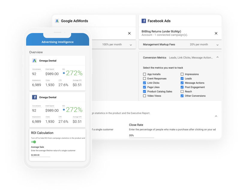 A screenshot of a google adwords dashboard and a screenshot of a facebook ads dashboard.