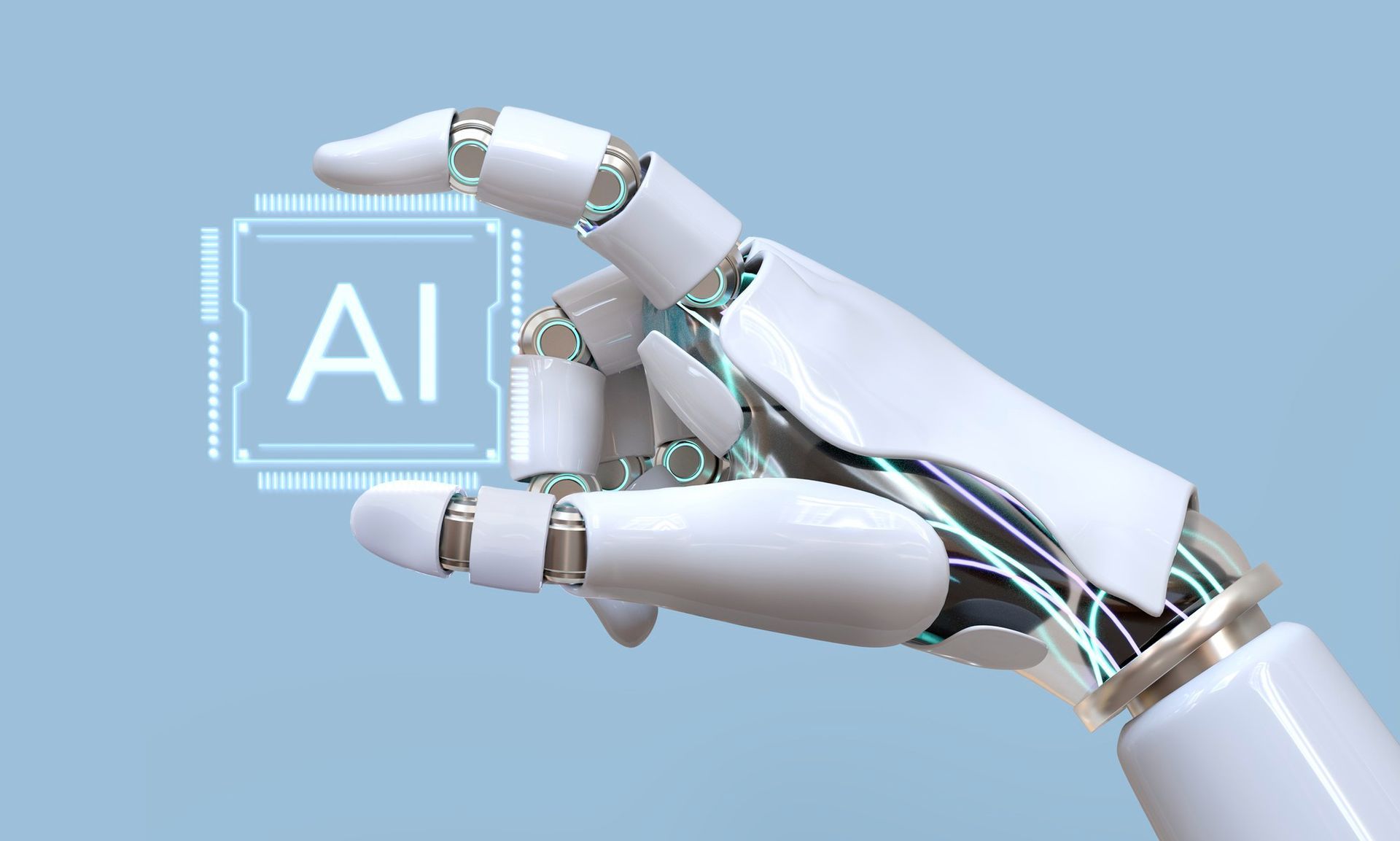 A robotic hand is holding a square with the word ai on it.