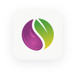 A purple and green leaf in a circle on a white background.