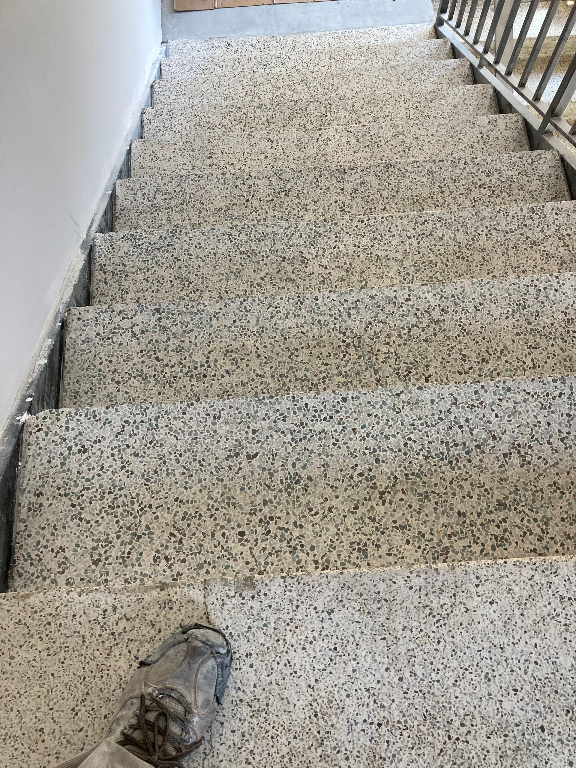 A person is standing on a set of stairs with a carpeted floor.