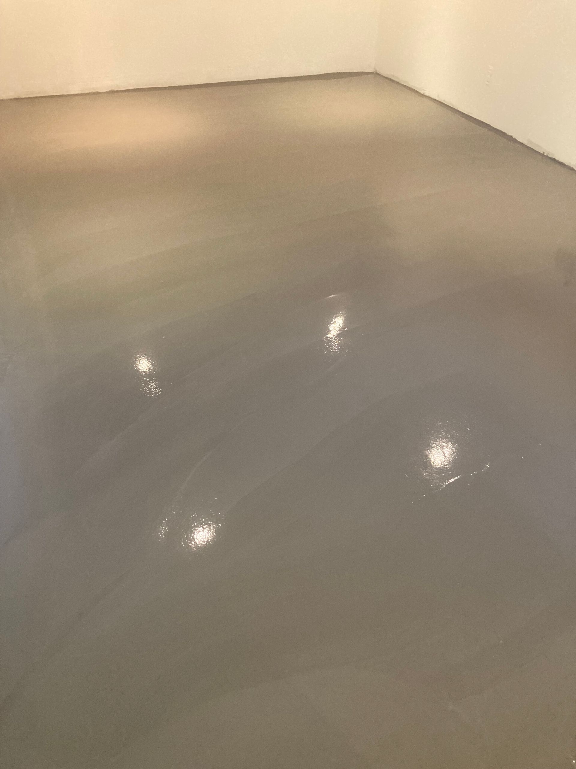 A room with a gray floor and white walls.