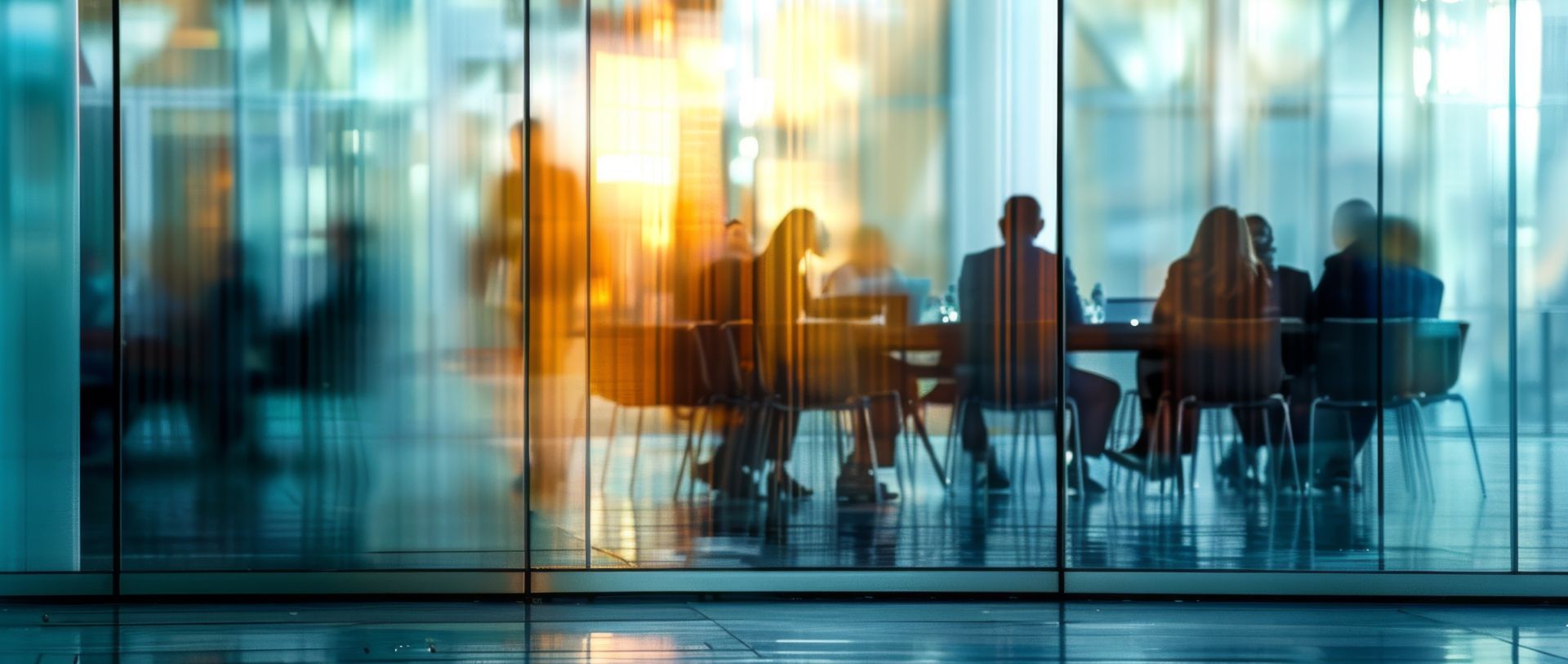 Silhouetted business people in a meeting around a table, viewed through a glass wall. Warm sunlight, modern office.