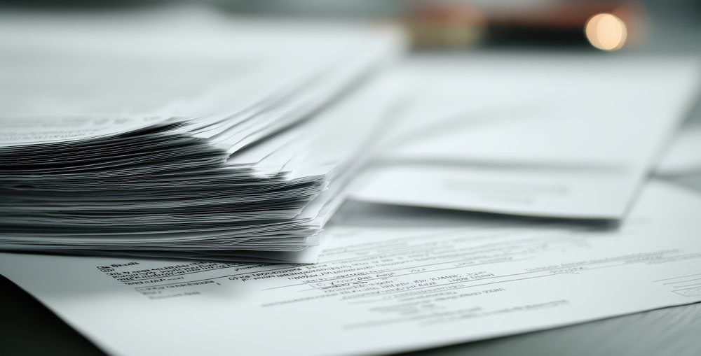 Stack of white papers on a desk, with a blurred background and soft lighting.