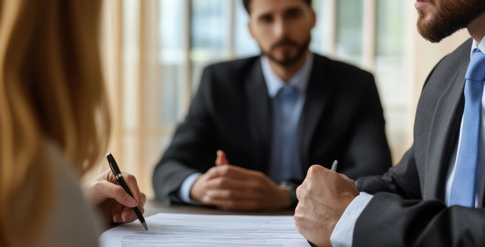 People in suits, sitting at a table, reviewing documents, person signing with pen.