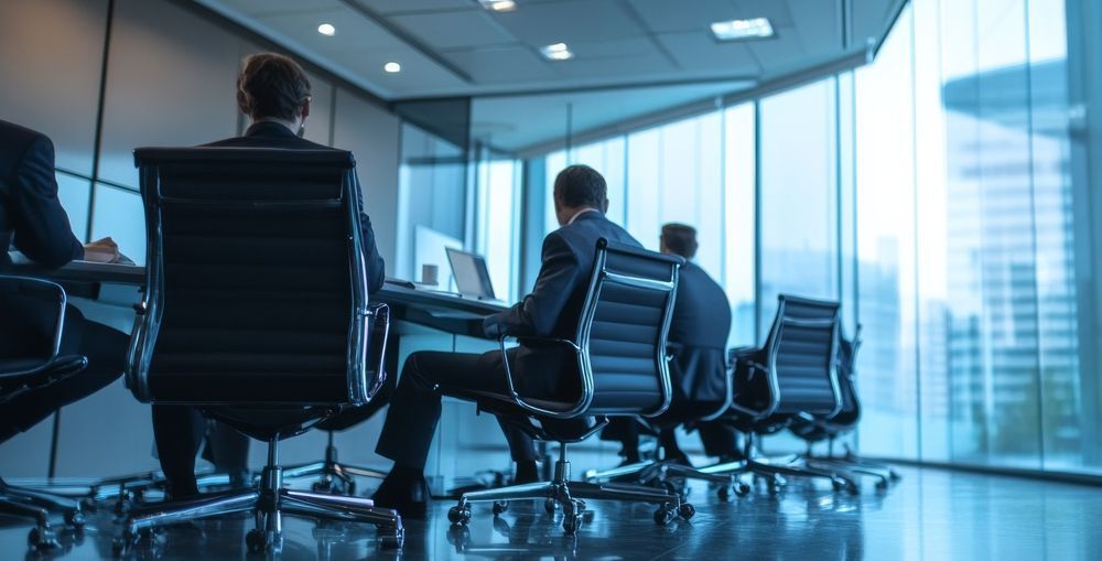 Businesspeople in suits seated at a table in a modern office, facing a window.