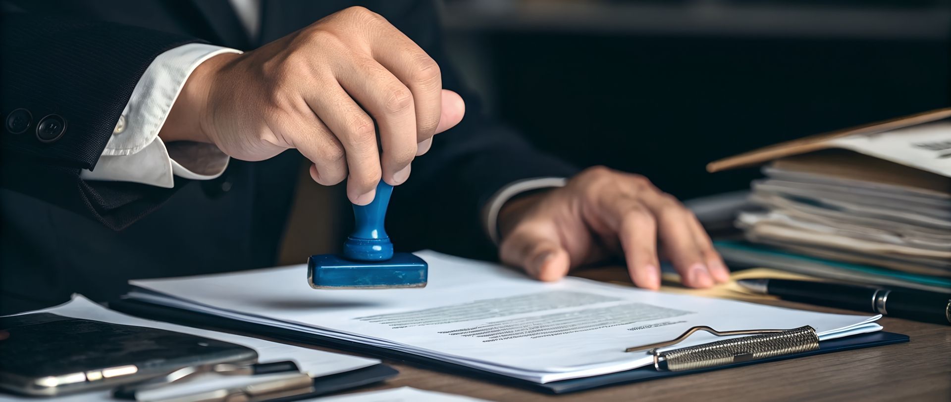A person in a suit stamps a document with a blue stamp on a desk.