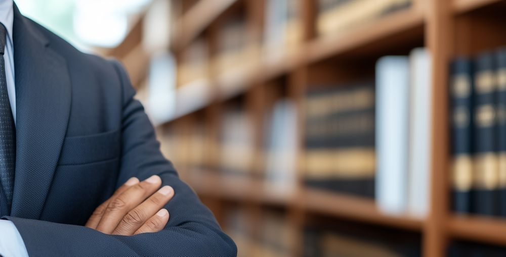 Man in suit with crossed arms in front of a bookshelf.