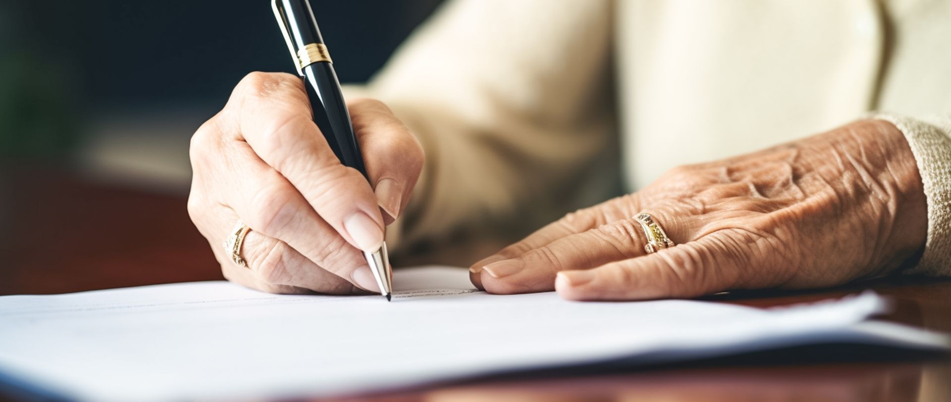 An older person with wrinkled hands writing on a white sheet of paper using a black pen.