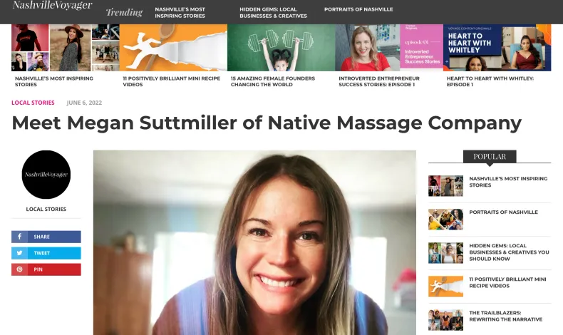 Megan Suttmiller of Native Massage Company smiling at the camera. Gray background, with social media buttons.